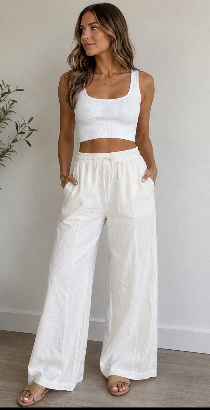 Artisan NY 100% Linen Pants Womens 6 Pull On White Wide Leg (AB18)
